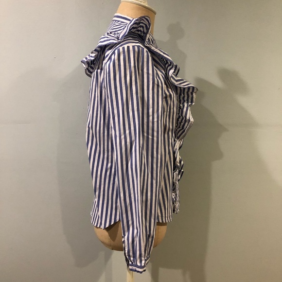 Madewell Blue and White Striped Ruffle Front Button-down Blouse - Picture 3 of 6